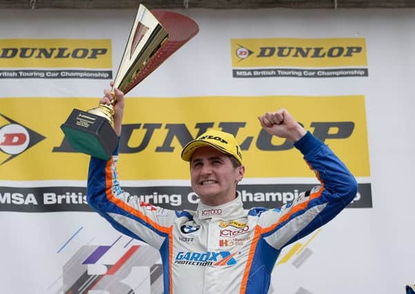 Sam Tordoff with his winner's trophy at Rockingham today. Picture: Dennis Goodwin.