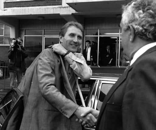 Howard Wilkinson arrives at Elland Road to be greeted by Leslie Silver to start his new job as manager in October 1988.