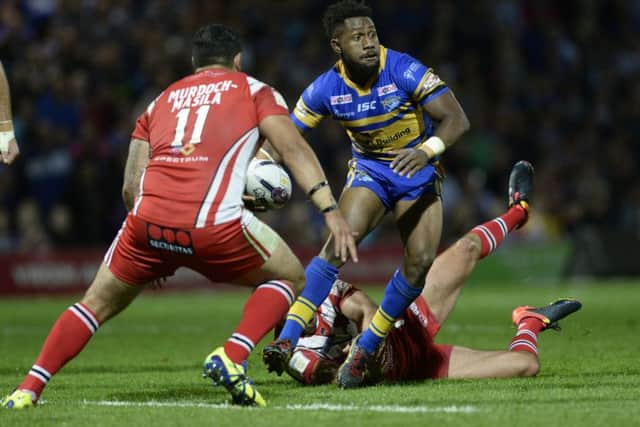 The once-again impressive James Segeyaro looks for the pass during Friday night's 30-8 win at Headingley over Salford Red Devils. Picture: Bruce Rollinson