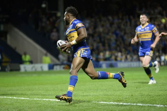 James Segeyaro crosses the line for Leeds Rhinos' third try against Salford Red Devils at Headingley on Friday night. Picture: Bruce Rollinson