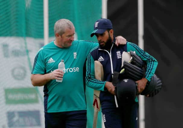 England assistant coach Paul Farbrace, left, and Adil Rashid during a nets session at Edgbaston earlier this year (Picture: Simon Cooper/PA).