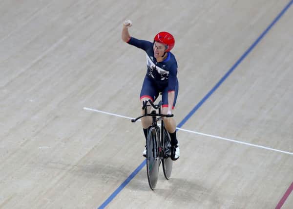 Great Britain's Sarah Storey celebrates winning gold in the Women's C5 3,000m individual pursuit final at the Rio Olympic Velodrome (Picture: Andrew Matthews/PA Wire).