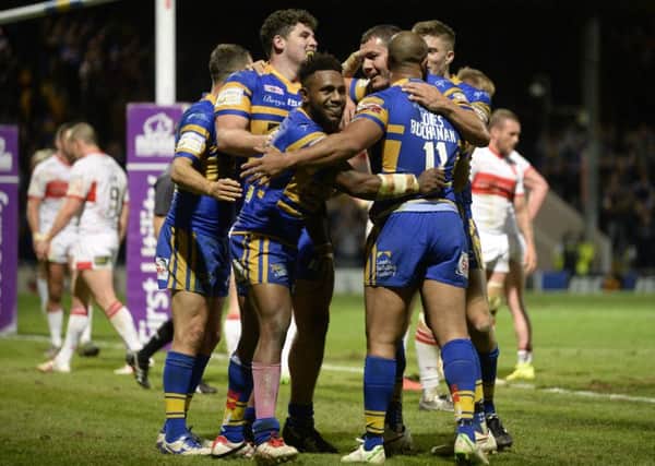 James Segeyaro celebrates his second try for the Rhinos.
Leeds Rhinos v Hull KR: Super 8's.  First Utility SuperLeague.  12 August 2016.  Picture Bruce Rollinson