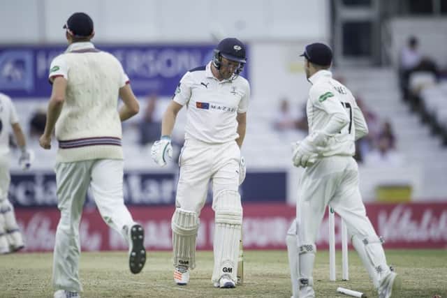 Yorkshire's captain Andrew Gale contemplates defeat and the loss of the county championship after being bowled by Somerset's Tim Groenewald. Picture by Allan McKenzie/SWpix.com