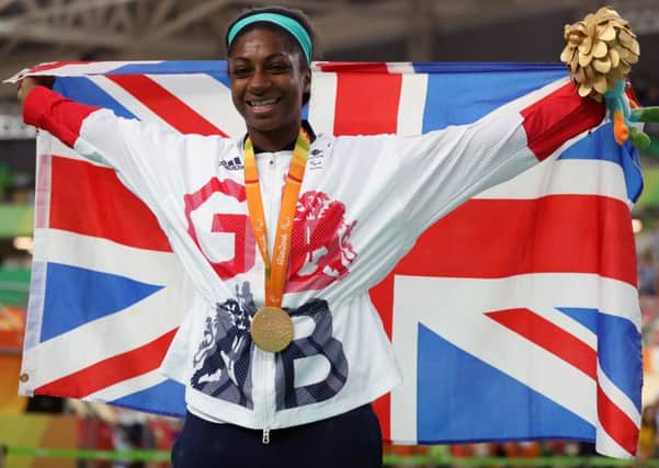 Great Britain's Kadeena Cox celebrates with her Gold medal won in the Women's C4-5 500m Time Trial final