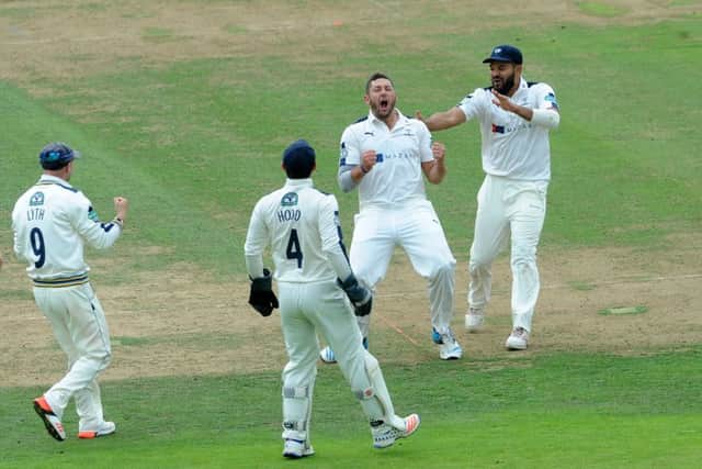 Yorkshires Tim Bresnan celebrates trapping Middlesexs John Simpson lbw in the sides crucial County Championship match at Lords (Picture: Jonathan Gawthorpe).