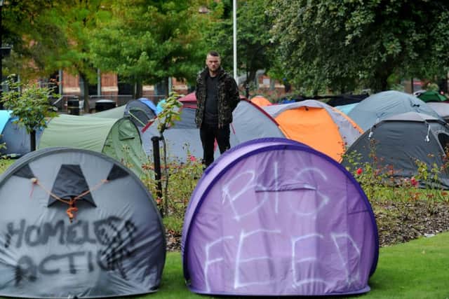 Campaigner Haydn Jessop at the second Tent City site in Park Square Gardens.