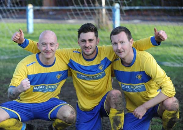 Beeston Juniors goalscorers Ryan Dawson, Carlton Binks and Tom Lund give the thumbs up after their 3-2 win over Farsley Celtic Juniors. PIC: Steve Riding