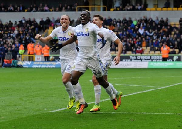 United's Hadi Sacko celebrates with Luke Ayling and Kalvin Phillips, after his cross was turned in by Keemar Roofe.
8th October2016.
Picture : Jonathan Gawthorpe