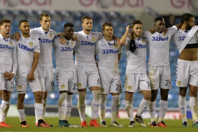 Leeds players watch the penalty shootout develop.  
Picture: Bruce Rollinson