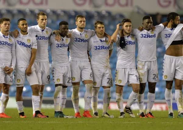 Leeds players watch the penalty shootout develop.  
Picture: Bruce Rollinson