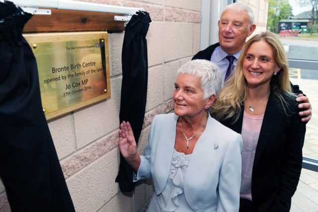 The parents of the late Jo Cox MP, Jean and Gordon Leadbeater, and her and sister her Kim unveil a plaque at the new Bronte Birth Centre.
