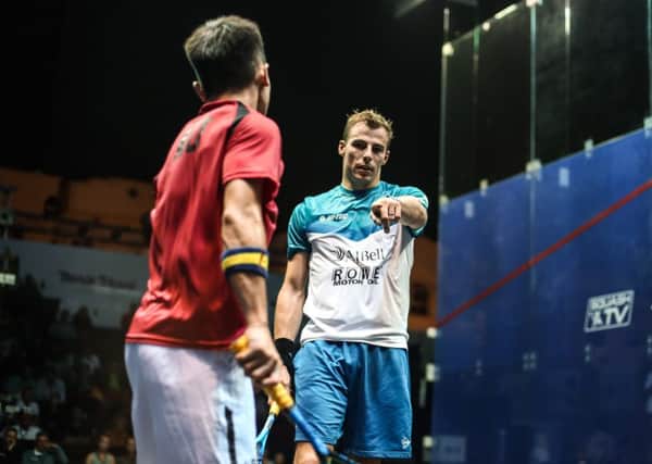 Nick Matthew makes his point during his second round win over Leon Au in Cairo. Picture courtesy of PSA.