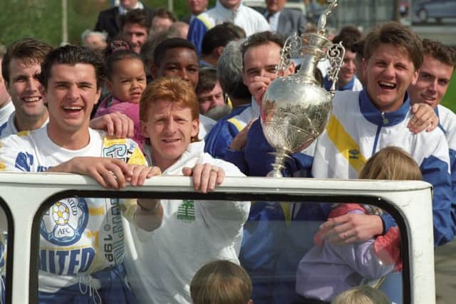 Gordon Strachan with his Leeds United team-mates on the open-top bus parade in 1992.