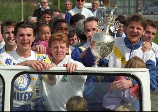Gordon Strachan with his Leeds United team-mates on the open-top bus parade in 1992.