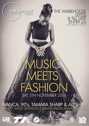 Poster for Paramount Music's Music Meets Fashion event at The Warehouse, Leeds