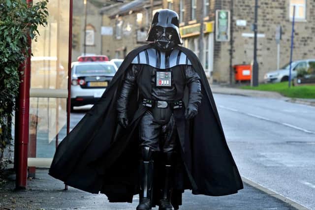 18 October 2016.......       Star Wars fan Gavin Harrison, 39, of Pudsey, plans to walk the 400 miles from Coldstream in Scotland to the BBC Studios in London dressed in a replica Darth Vader suit to raise cash for Childfren in Need. Picture Tony Johnson.