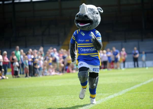 9th June 2013. Leeds Children's Day at Headingley Stadium. Ronnie the Rhino takes part in the mascot race.