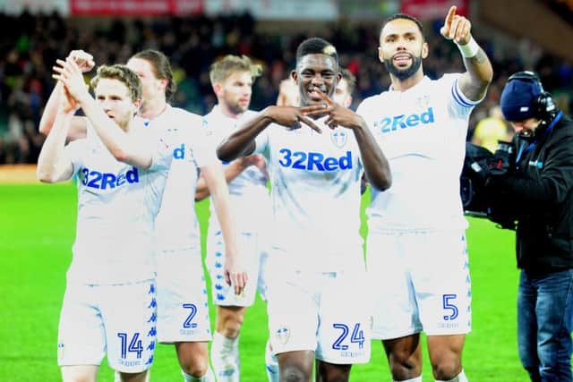 Leeds United's players celebrate after their 3-2 win at Norwich City. Picture: Simon Hulme