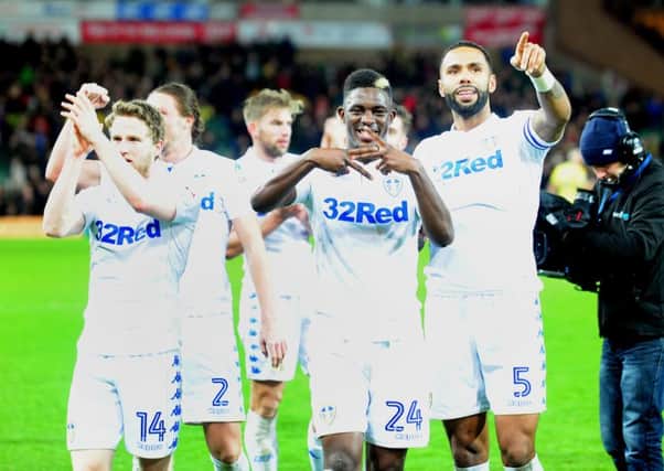 Leeds United's players celebrate after their 3-2 win at Norwich City. Picture: Simon Hulme