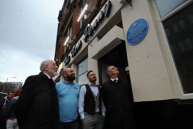 Unveiling of the the Blue Plaque at the New Penny, Leeds..Pictured from the left are Kevin Grady (Director of Leeds Civic Trust), Rob Wilson (Chairman of LGBT Network), Jeff Armitage (General manager of the New Penny) and Coun James Lewis.....19th October 2016 ..Picture by Simon Hulme