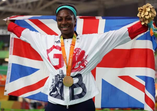 Chapeltown's Kadeena Cox celebrates with gold medal won in the Women's C4-5 500m Time Trial final at the Rio Paralympics.
