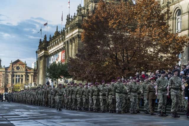 Date: 13th November 2016. Picture James Hardisty.The Leeds Civic Observance of Remembrance Sunday held at the War Memorial Victoria Gardens, Leeds. Pictured Servicemen arriving for the start of the service.