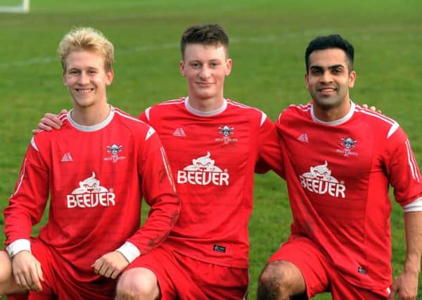 Leeds Medics Reserves' goalscorers in a 3-1 win at Collingham, from left, Nick Maxwell, Fraser Ritchie and Rishi Dhand.