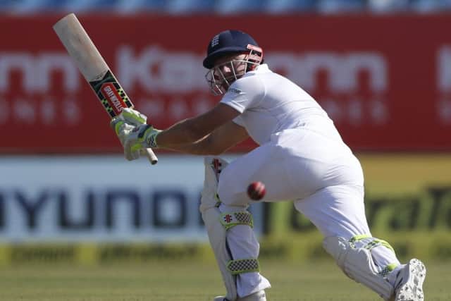 England's batsman Jonny Bairstow bats during the second day of the first test cricket match between India and England in Rajkot, India, Thursday, Nov. 10. (AP Photo/Rafiq Maqbool)