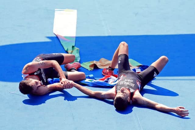 Leeds Sports Awards contenders Alistair Brownlee (left) and brother Jonny embrace after winning Gold and Silver in the Men's Triathlon at Fort Copacabana on the thirteenth day of the Rio Olympic Games, Brazil. (Picture: Mike Egerton/PA)