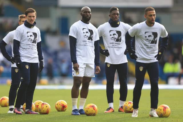 Leeds United's players wearing Gary Speed memorial shirts before the match.