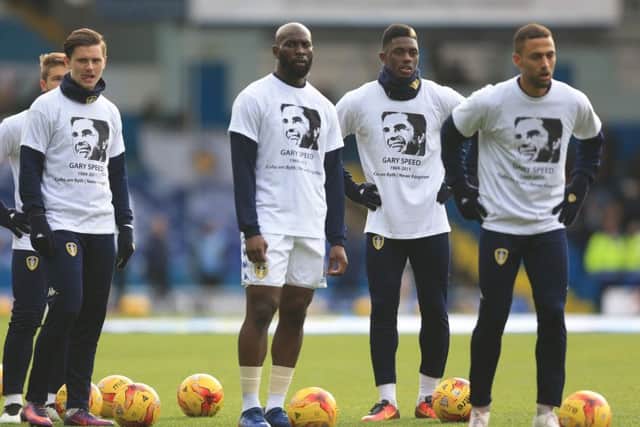 Leeds United players Marcus Antonsson, Souleymane Doukara, Hadi Sacko and Kemar Roofe wearing T-shirts in memory of Gary Speed.