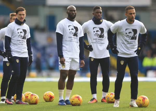Leeds United players Marcus Antonsson, Souleymane Doukara, Hadi Sacko and Kemar Roofe wearing T-shirts in memory of Gary Speed.