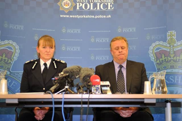 Temporary Chief Constable Dee Collins and Crime Commissioner Mark Burns-Williamson announce the death of Jo Cox at a press conference.