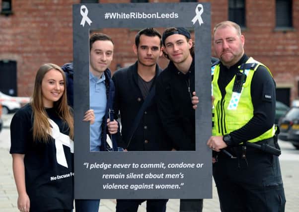 Leeds Beckett University police volunteer Danielle Musson, Josh Clarke, Phil Whitwell, Callum Silvester and PC Mark Fox show their support for the White Ribbon campaign. Picture : Jonathan Gawthorpe