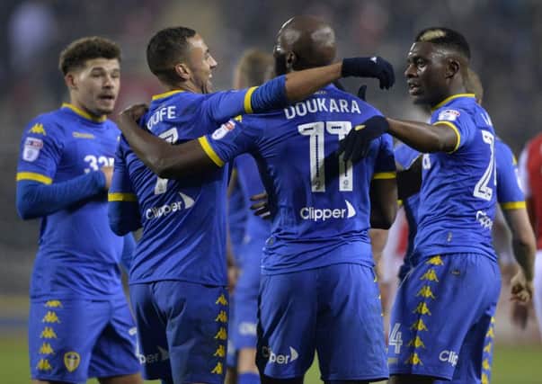 Souleymane Doukara celebrates scoring Leeds United's second goal at Rotherham.