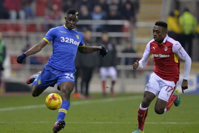 Hadi Sacko fires in a cross as Rotherham's Darnell Fisher tries to block.
 PIC: Bruce Rollinson