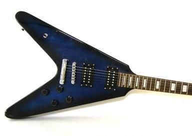 A blue Flying V electric guitar like this was missing from the Leeds home of Christopher Laskaris.