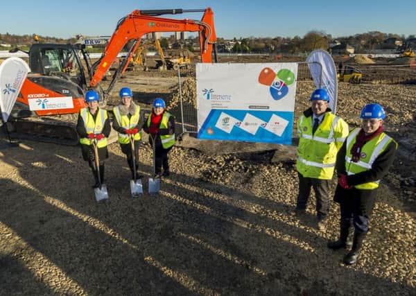 Pictured Councillors Helen Hayden, Lisa Mulherin, and Jane Dowson, taking part in a ground-breaking ceremony at the new site of the Springwell Leeds East Academy, Seacroft, Leeds, along with Andrew Jones, Contracts Manager for Interserve, and Mark Wilson, CEO of Wellspring Academy Trust.