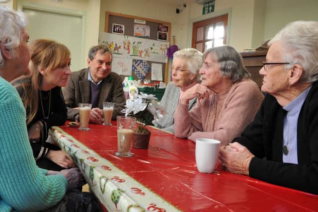29 November 2016 .......     Emmerdale actors John Middleton and Charlotte Bellamy visit MHA volunteers and members of the Live At Home Scheme to launch the MHAs Good Deed-Cember campaign at Central Methodist Church in Horsforth.  Picture Tony Johnson