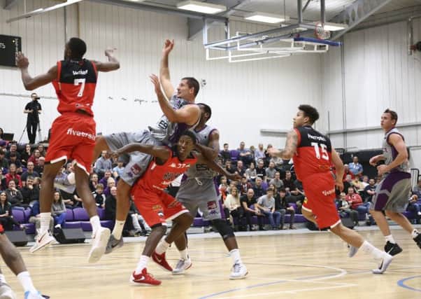 Contribution: Rob Marsden, centre, scored a double double (23 points, 10 rebounds) in Leeds Forces win over Manchester Giants on Sunday, which followed up their frustating loss to the Worcester Wolves two nights earlier.