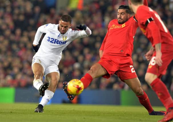 Kemar Roofe fires in a shot against Liverpool. PIC: Bruce Rollinson
