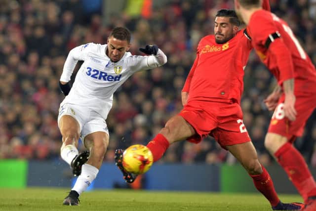 Kemar Roofe fires in a shot against Liverpool. PIC: Bruce Rollinson