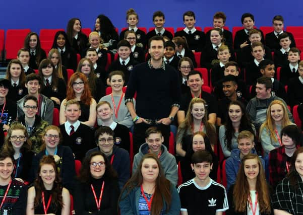 Star of the Harry Potter Films Matthew Lewis, is pictured with pupils on his visit to Pudsey Grangefield School, Pudsey, Leeds..30th November 2016 ..Picture by Simon Hulme