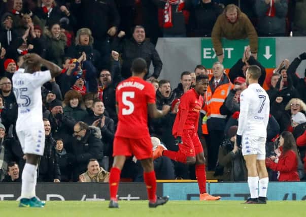 Divock Origi celebrates putting Liverpool in front at Anfield. Picture: PA.