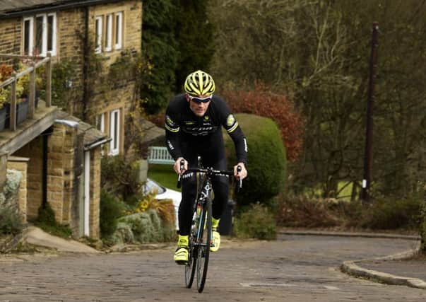 Local cyclist Matt Denby tackles the 15% cobbles of Shibden Wall which will feature in the 3rd and final stage of the 2017 Tour de Yorkshire from Bradford to Fox Valley in South Yorkshire.
 Picture: Bruce Rollinson