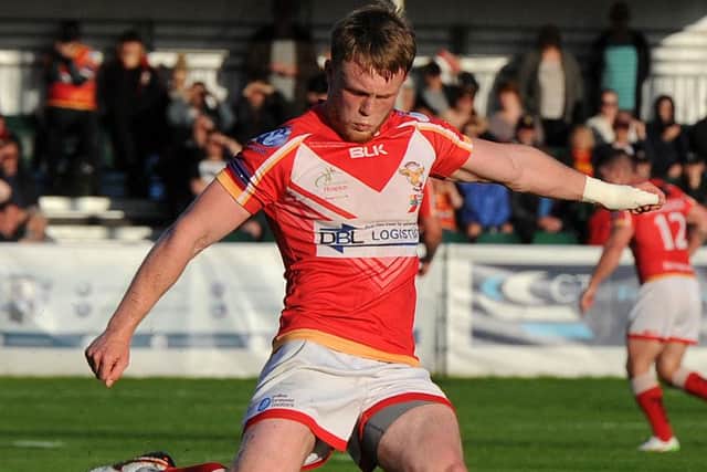 Leeds Rhinos' Cory Aston, pictured converting for Sheffield Eagles against Featherstone Rovers, the side he is likely to join on dual registration next year.