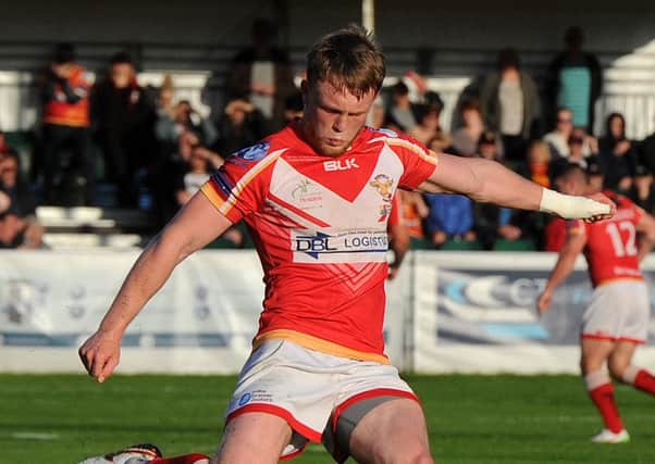 Leeds Rhinos' Cory Aston, pictured converting for Sheffield Eagles against Featherstone Rovers, the side he is likely to join on dual registration next year.
