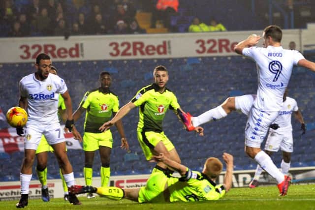 OPENING GAMBIT: Chris Wood scores Leeds' opening goal.
against Reading. Picture: Bruce Rollinson