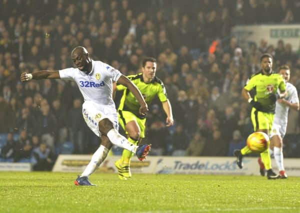 Souleymane Doukara scores Leeds' second goal from the penalty spot against Reading   Picture Bruce Rollinson